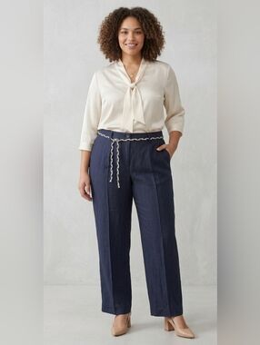 NWT Navy Blue Linen Blend Straight Leg Pants Lightweight Plus Size